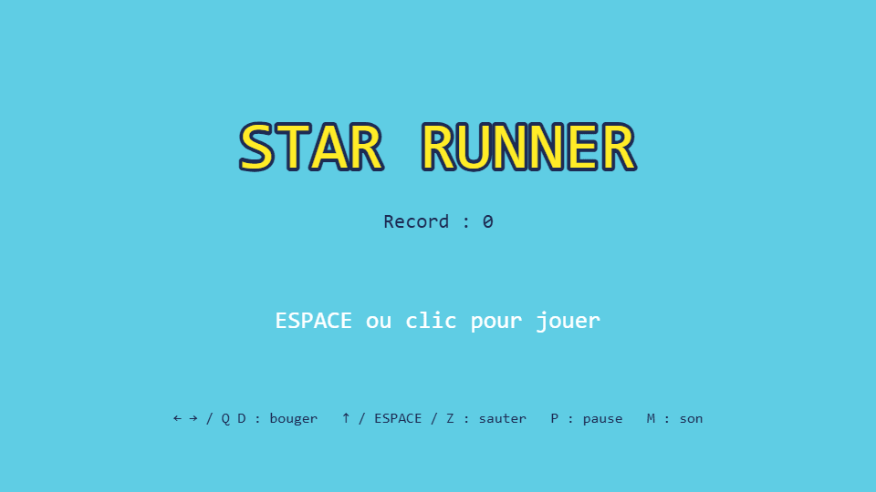 Écran titre Star Runner avec le record, l'invite pour jouer et le rappel des touches
