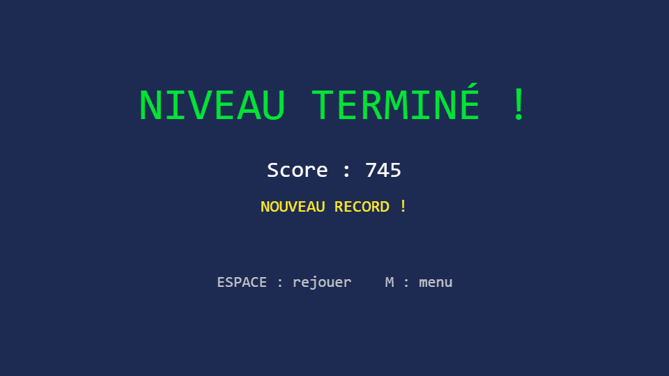 Écran de fin Niveau terminé avec le score et la mention Nouveau record