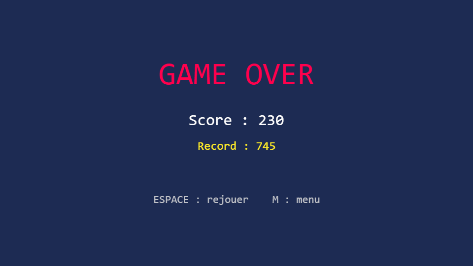 Écran Game Over avec le score et le record précédent