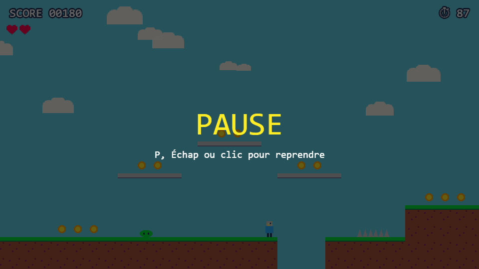 Écran de pause : jeu assombri avec le mot PAUSE en jaune